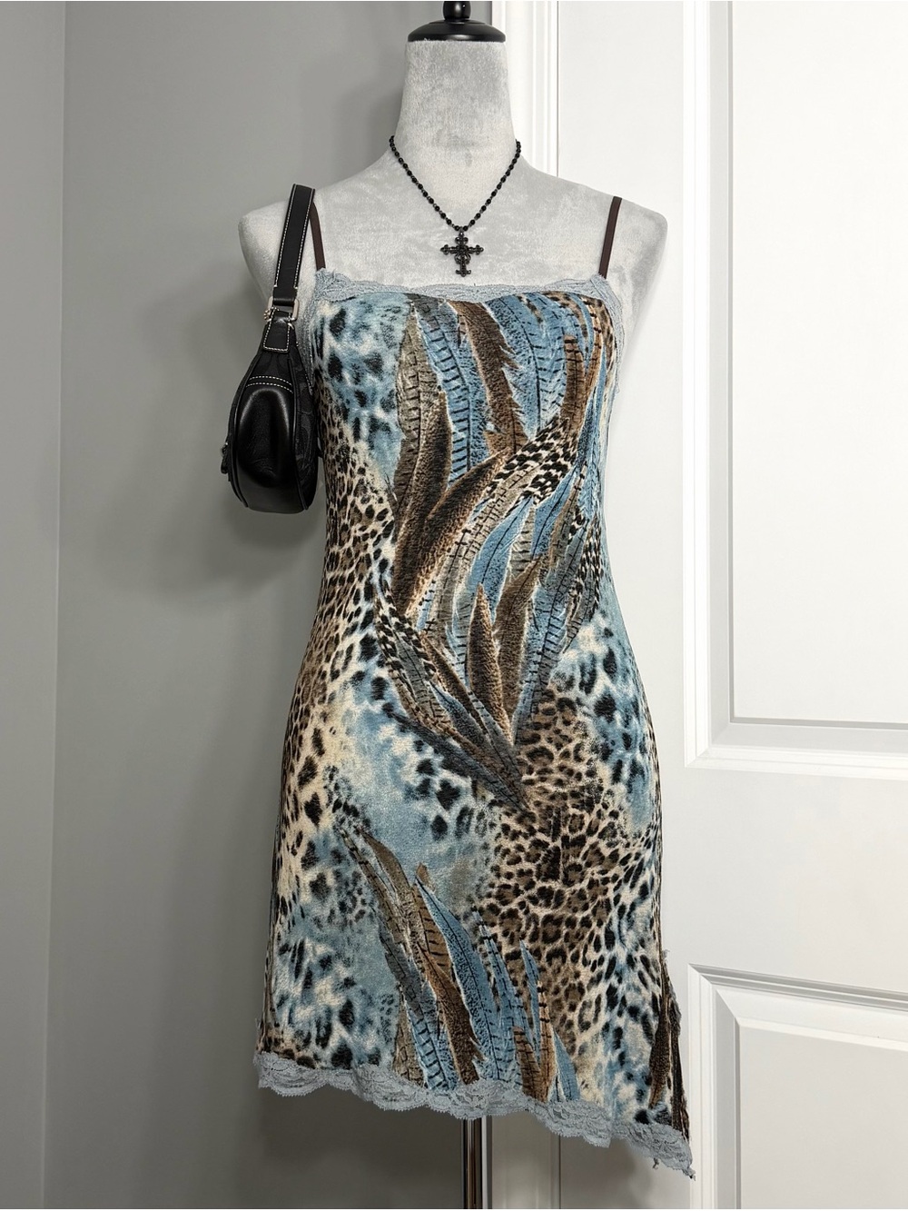 Y2K Only Hearts Blue & Brown Leopard Print Lace Trim Slip Dress